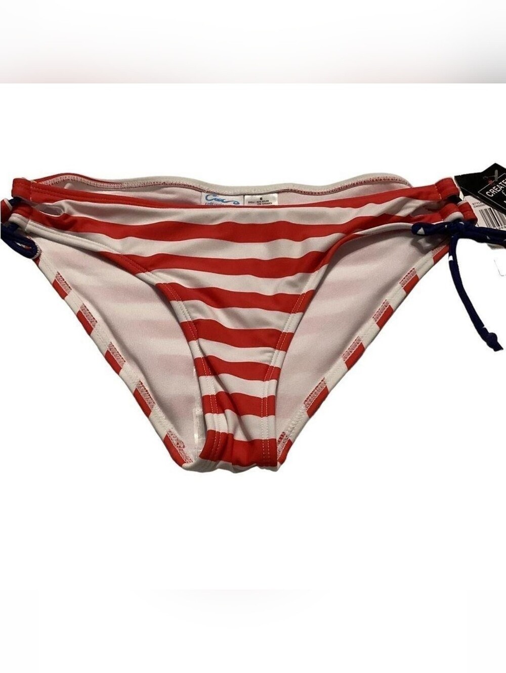 C&C California Red and White Striped Side-Tie Bikini Bottom with Navy Ties